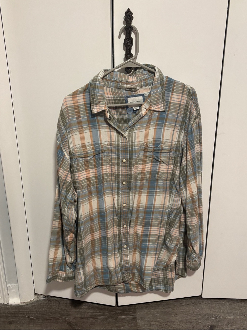 American Eagle Outfitters Plaid Button-Down Shirt - Blue, Tan, Cream